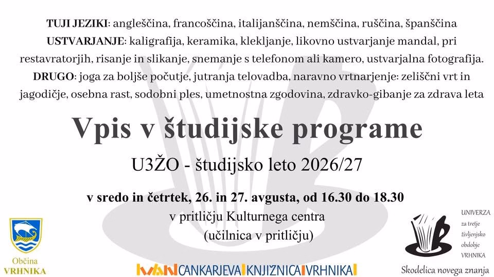 U3ŽO Vrhnika- študijsko leto 2026/2027: VPIS